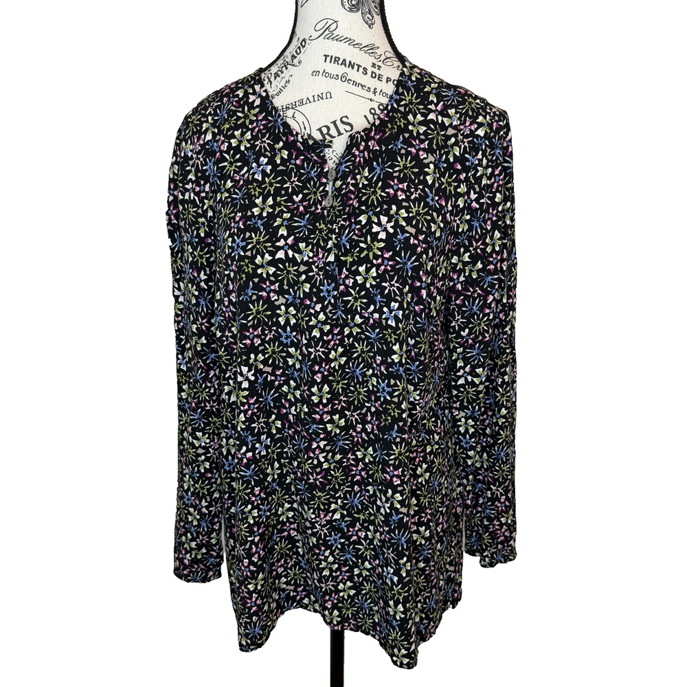 J Jill Women’s Blouse Black With Floral Print Med Long Sleeve Lightweight